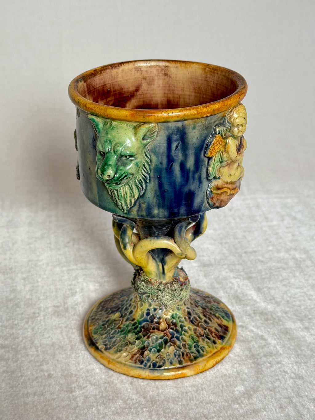 Beast and Cherub Palissy Majolica Chalice