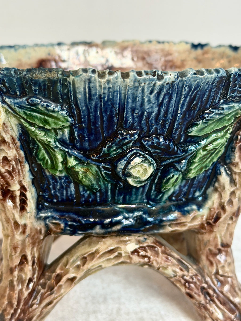 Faux Bois Basket Palissy Majolica Planter