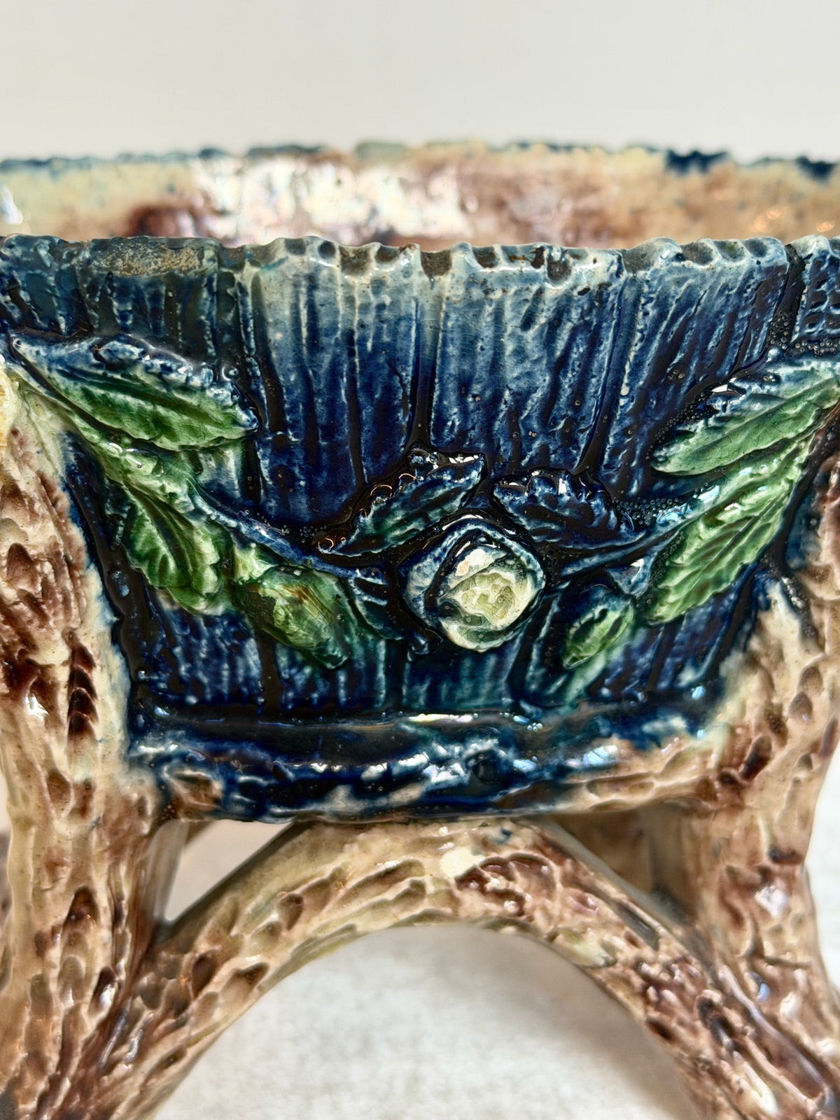 Faux Bois Basket Palissy Majolica Planter