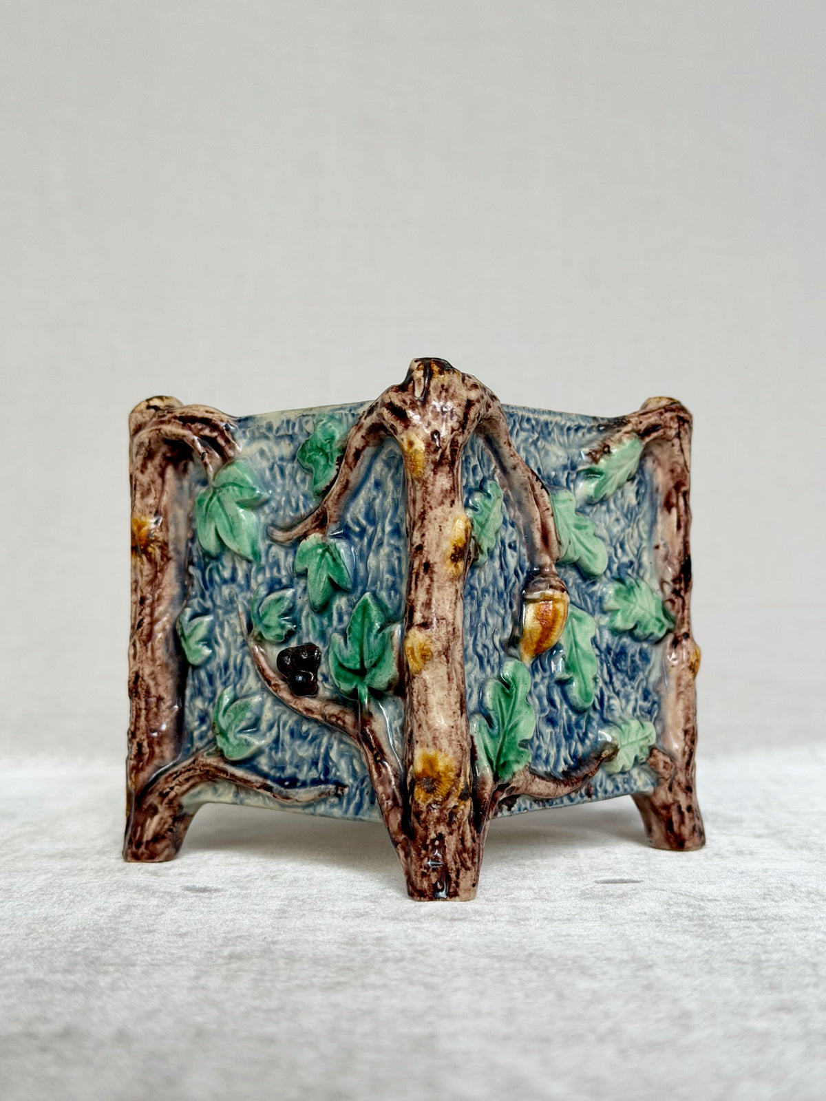 Square Faux Bois Palissy Majolica Planter
