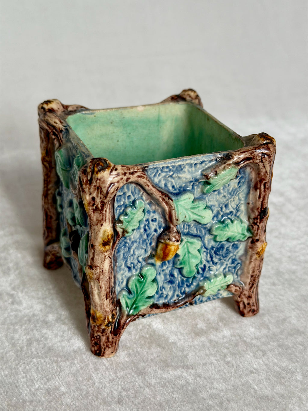 Square Faux Bois Palissy Majolica Planter