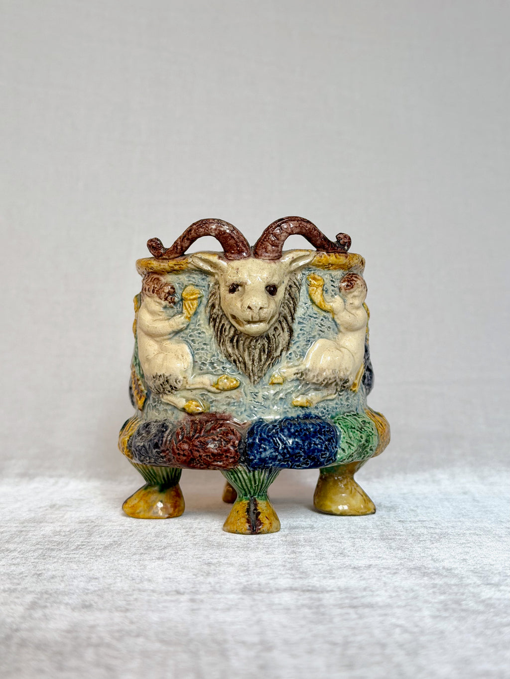 Ram Head Palissy Majolica Vessel