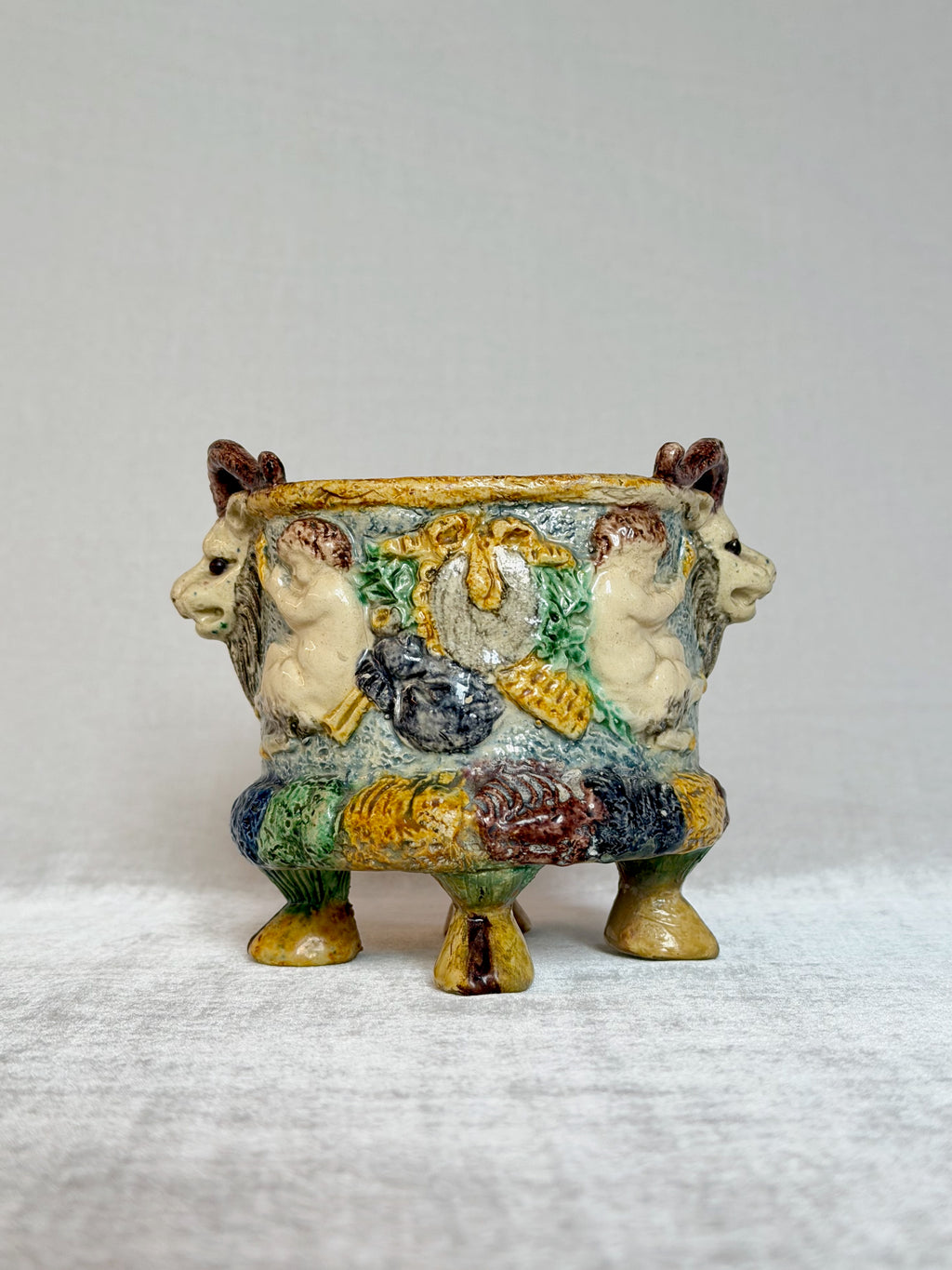 Ram Head Palissy Majolica Vessel