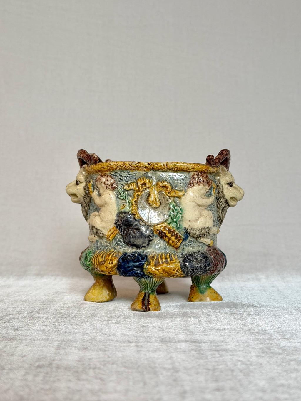 Ram Head Palissy Majolica Vessel