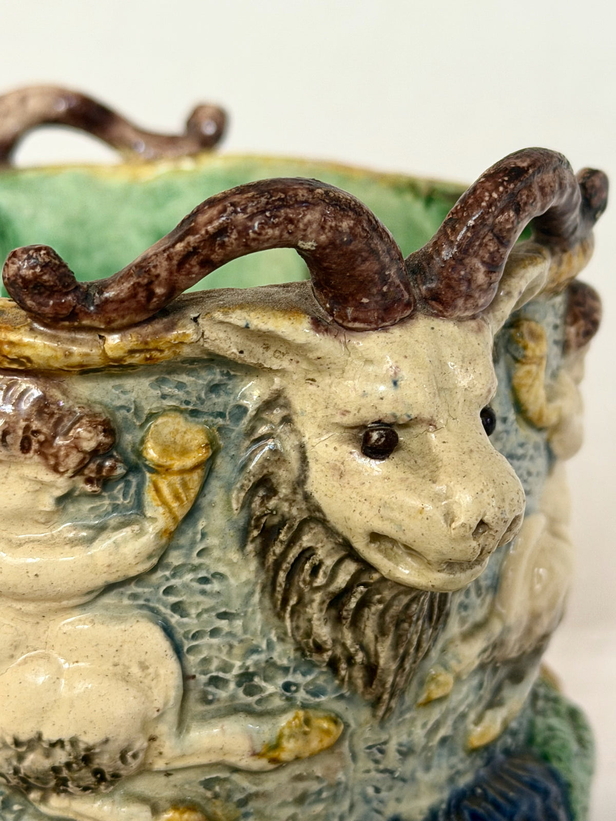 Ram Head Palissy Majolica Vessel